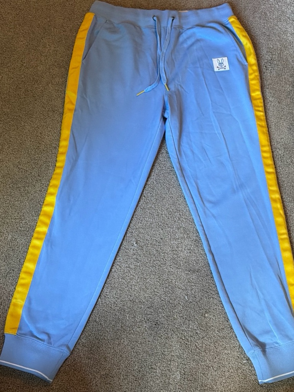 Psycho Bunny Light Blue Joggers with Yellow Side Stripes